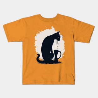 Black cat with coffee Kids T-Shirt